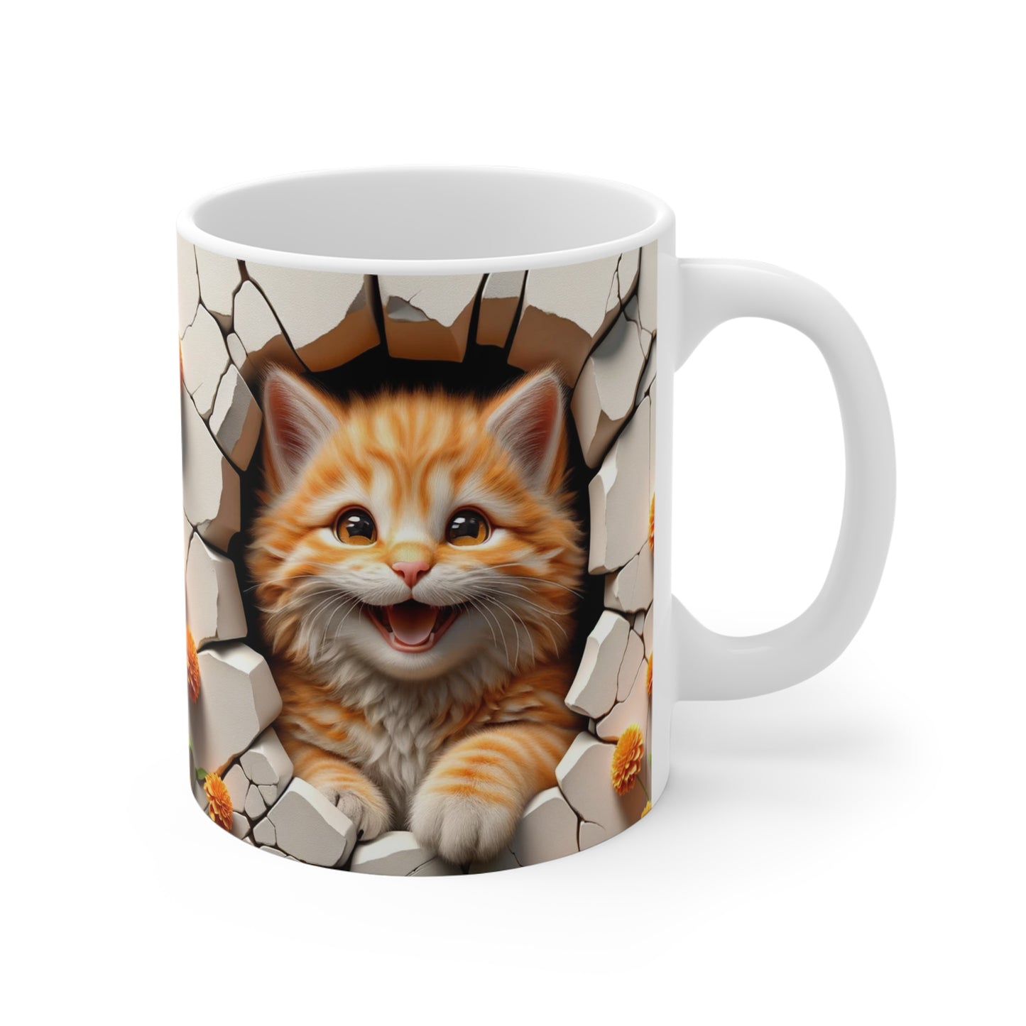 3D Orange Tabby Kitty Smiling Through Hole in Wall Coffee Mug Gift for Cat Lover