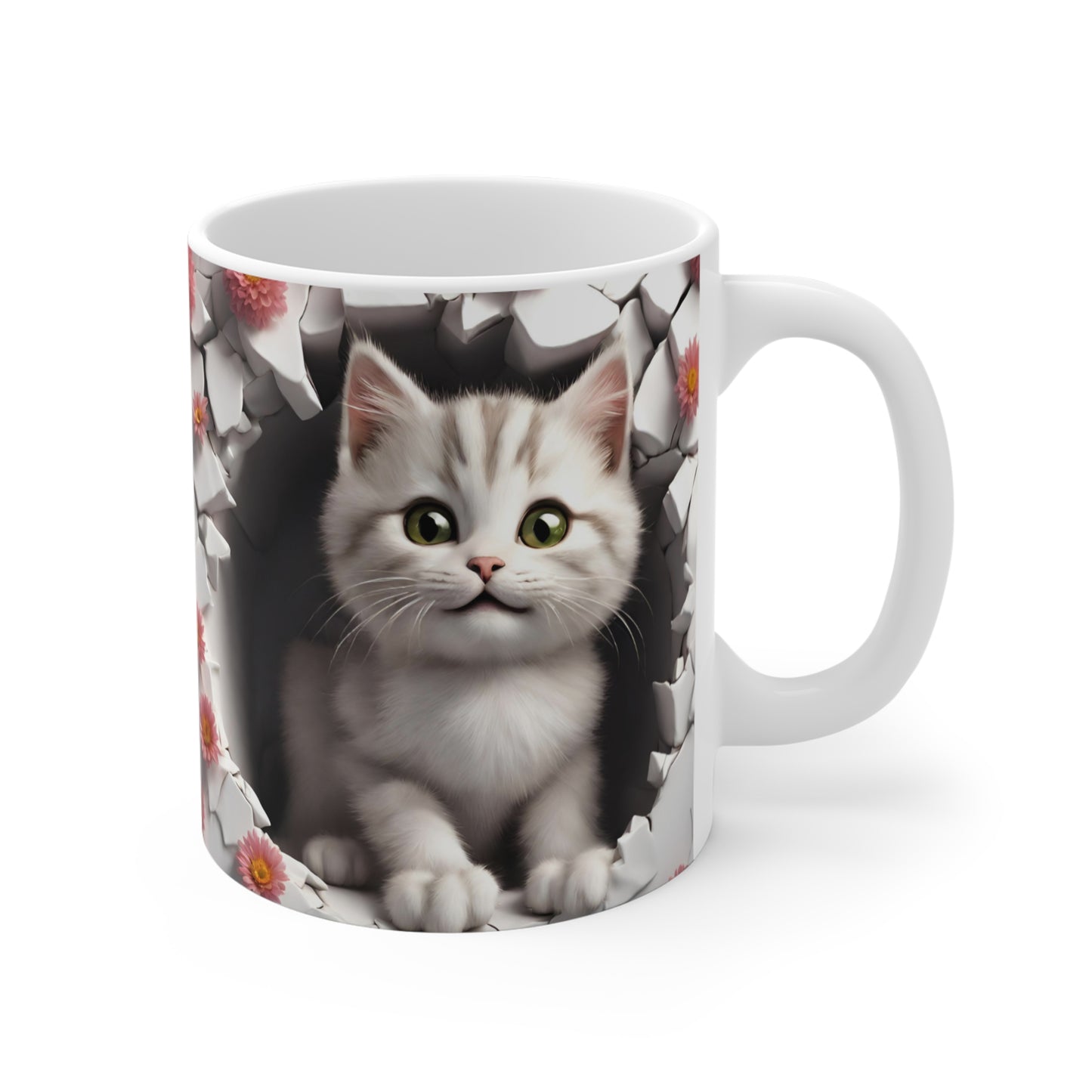 3D White Tabby Kitty Peeking Through Hole in Wall Coffee Mug Gift for Cat Lover