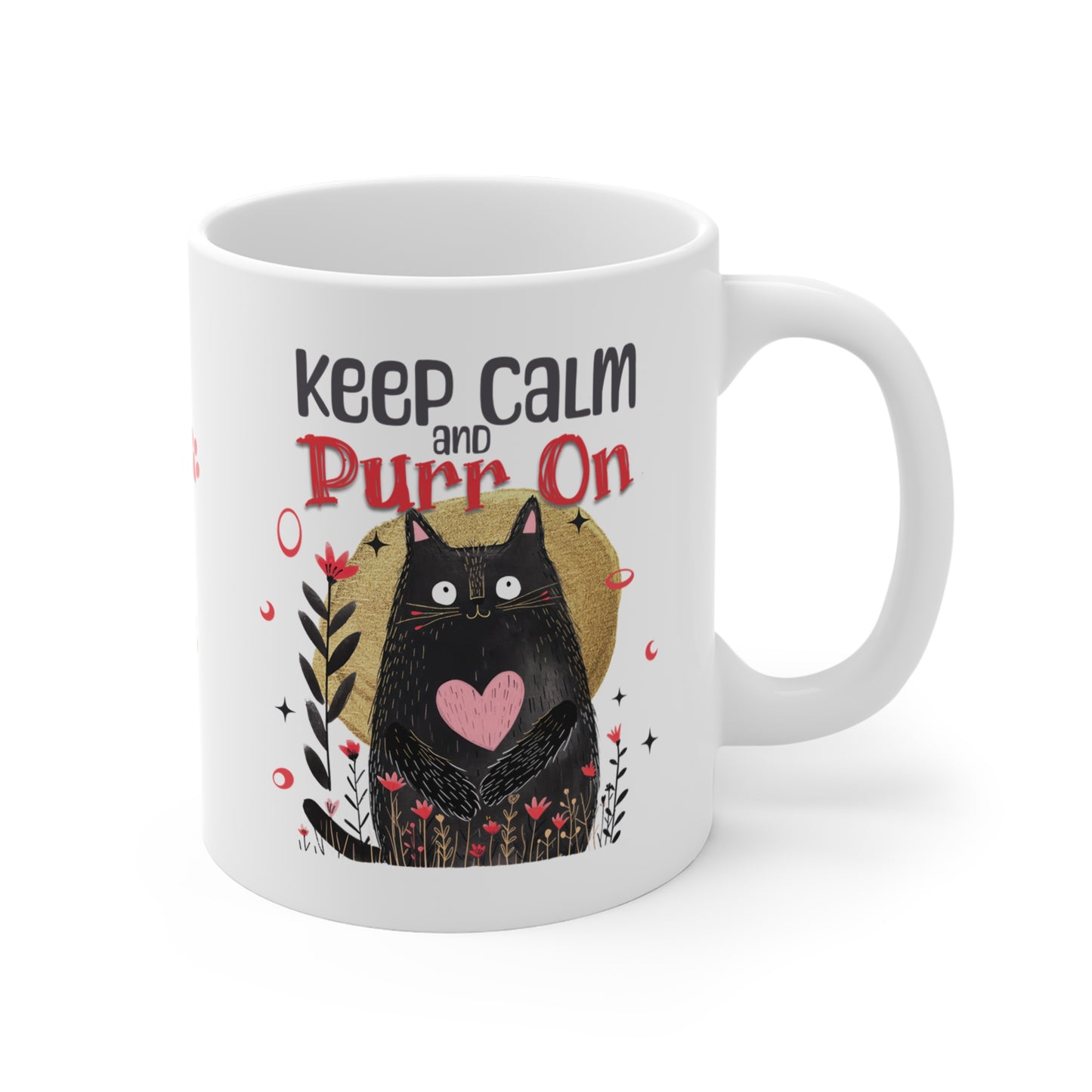 Whimsical Cute Kitty Coffee Mug "Keep Calm and Purr On" Gift for Cat Lover, Ceramic, 11 Oz
