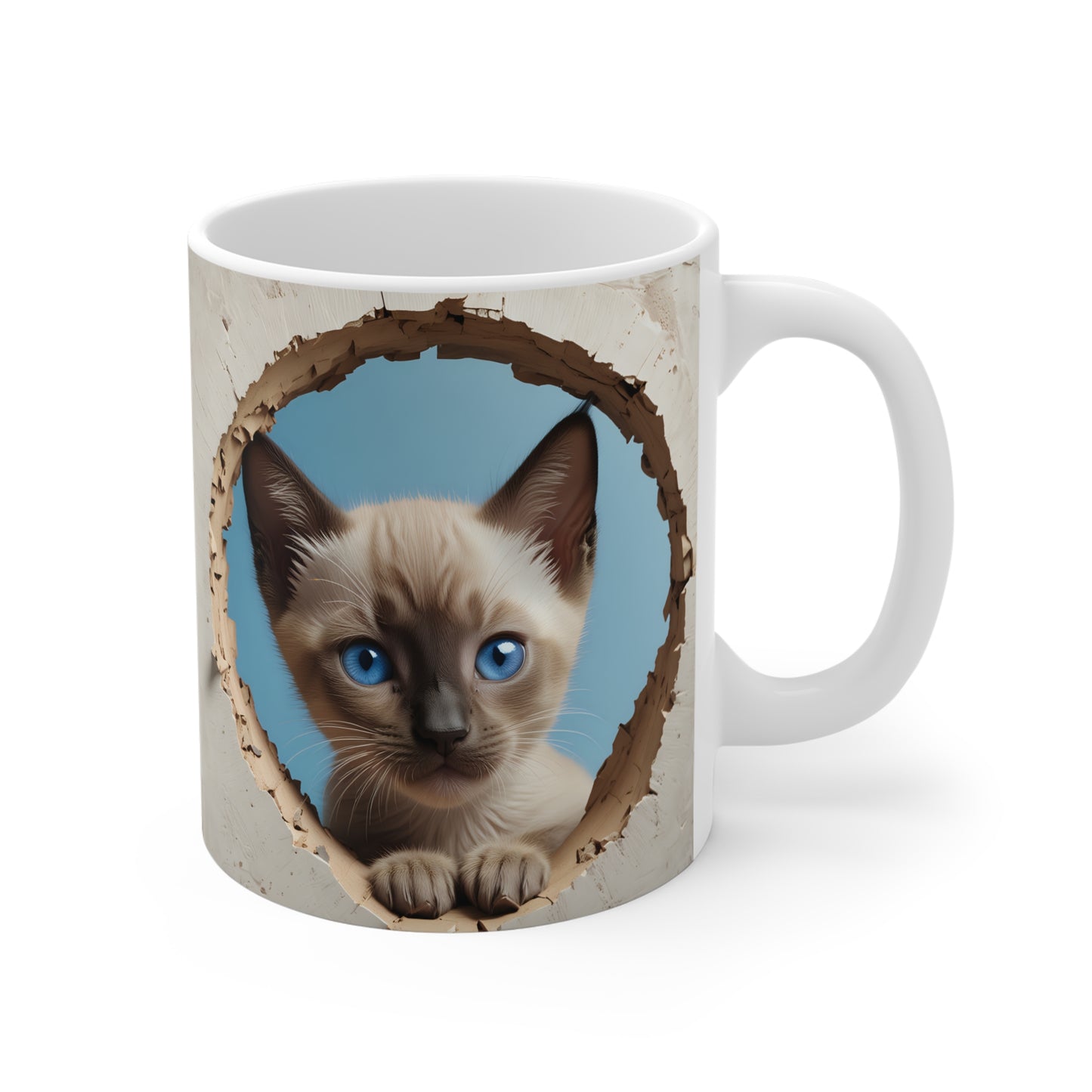 3D Cute Siamese Kitty Coffee Mug Peeking Through Hole in Wall Gift for Cat Lover