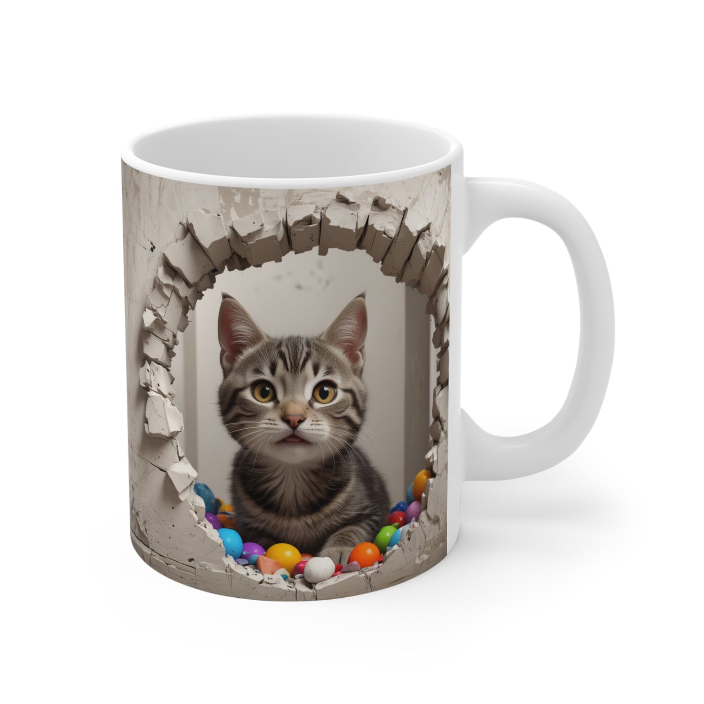 3D Cute Gray Tabby Kitty Through Hole in Wall Coffee Mug Gift for Cat Lover