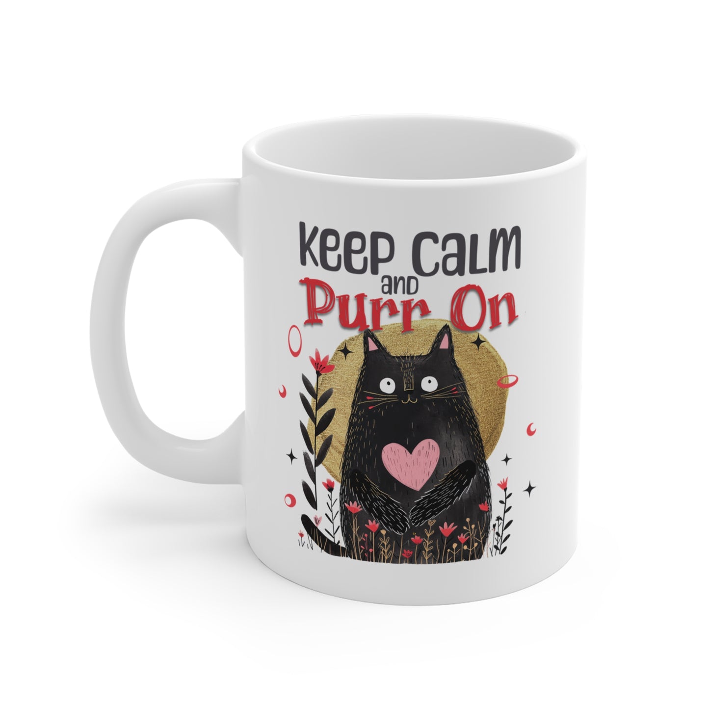 Whimsical Cute Kitty Coffee Mug "Keep Calm and Purr On" Gift for Cat Lover, Ceramic, 11 Oz