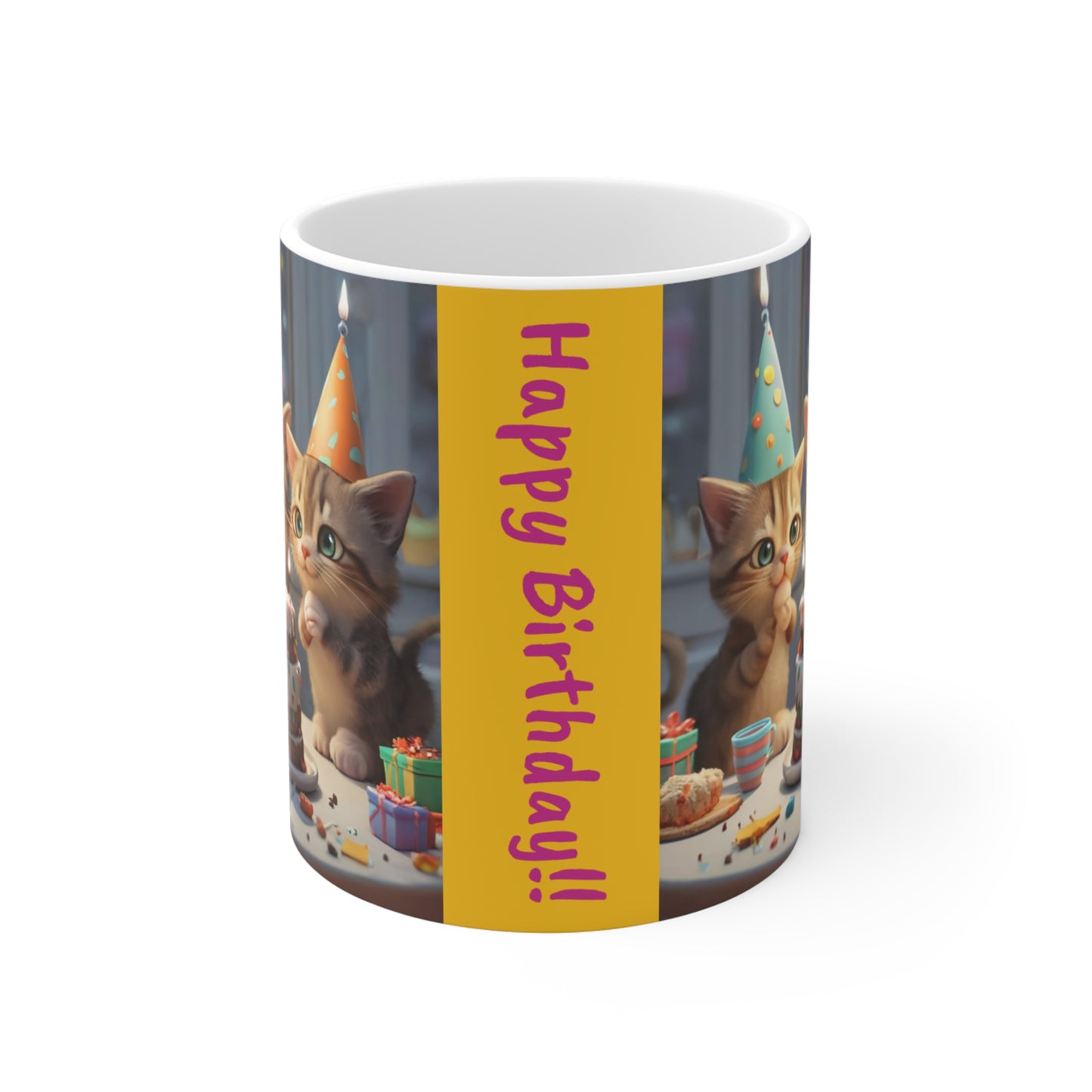 3-D Coffee Mug Cute Kitties Making Wish Candles Birthday Cake Gift for Cat Lover