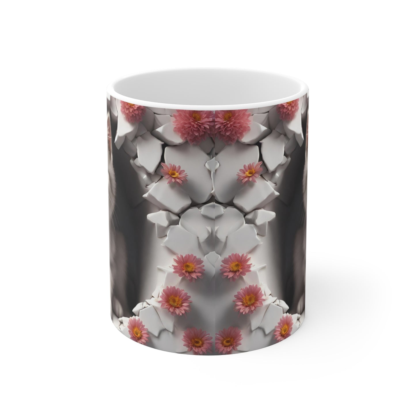 3D White Tabby Kitty Peeking Through Hole in Wall Coffee Mug Gift for Cat Lover