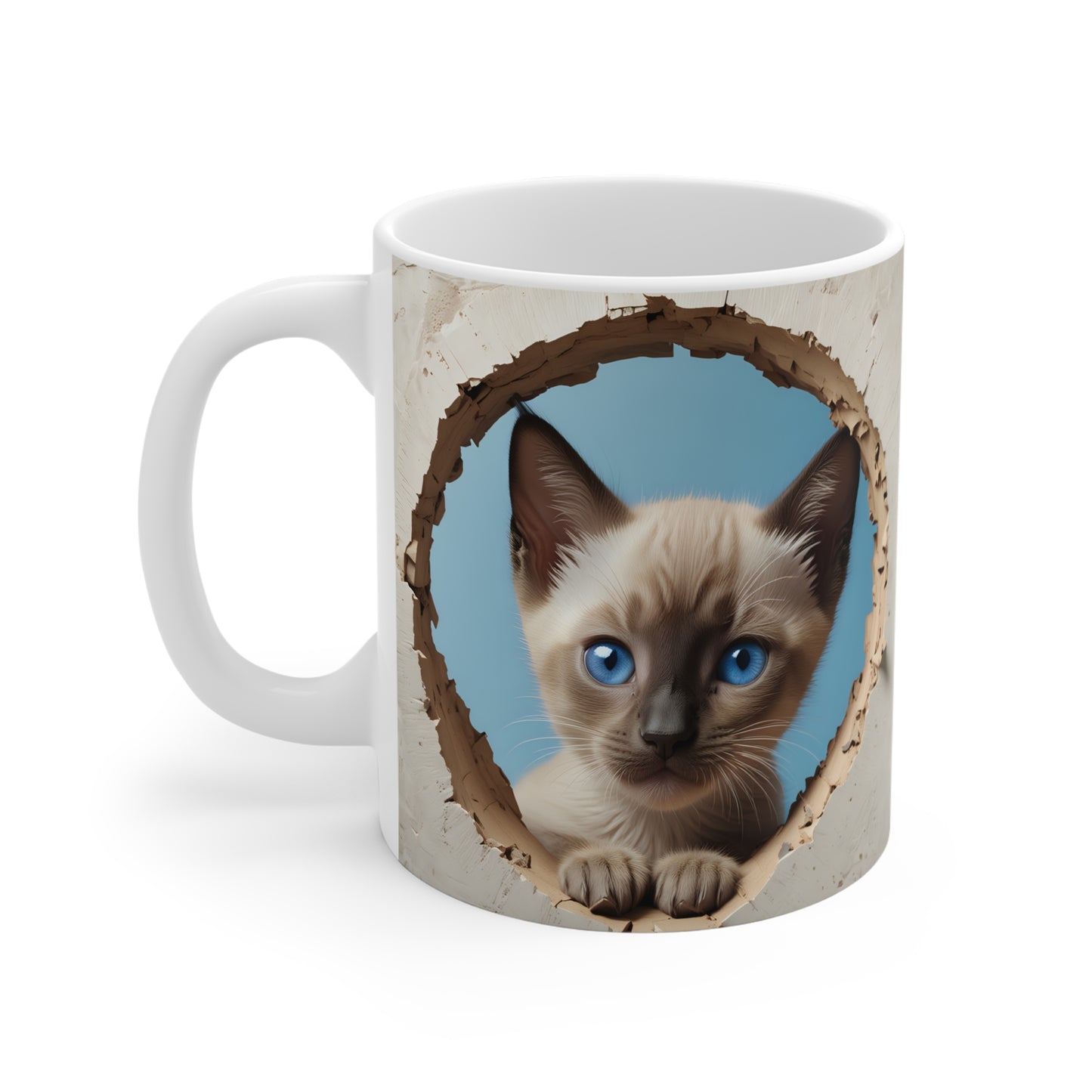 3D Cute Siamese Kitty Coffee Mug Peeking Through Hole in Wall Gift for Cat Lover