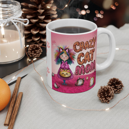 Funny Coffee Mug for Cat Kitty Lover Whimsical Gift CRAZY CAT MOM  Ceramic 11 Oz