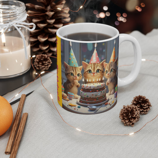3-D Coffee Mug Cute Kitties Making Wish Candles Birthday Cake Gift for Cat Lover