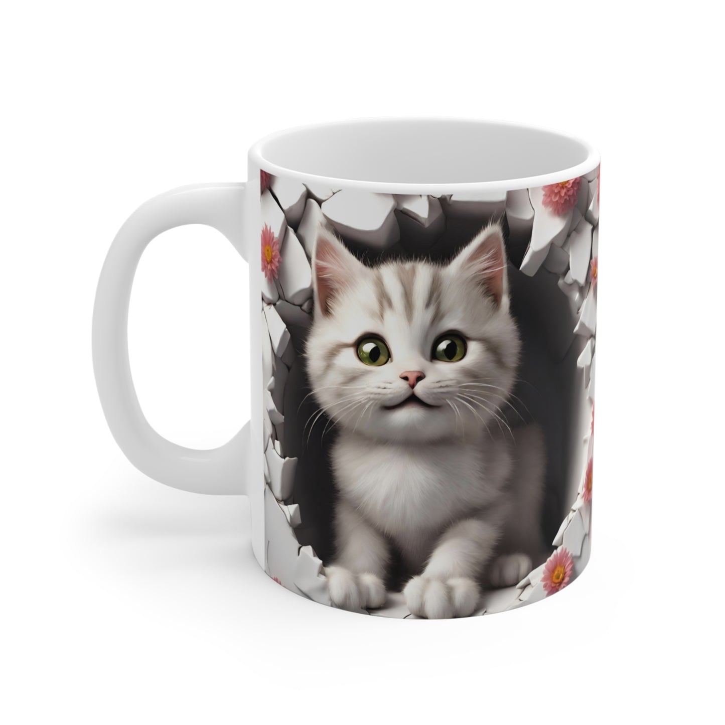 3D White Tabby Kitty Peeking Through Hole in Wall Coffee Mug Gift for Cat Lover