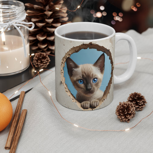 3D Cute Siamese Kitty Coffee Mug Peeking Through Hole in Wall Gift for Cat Lover