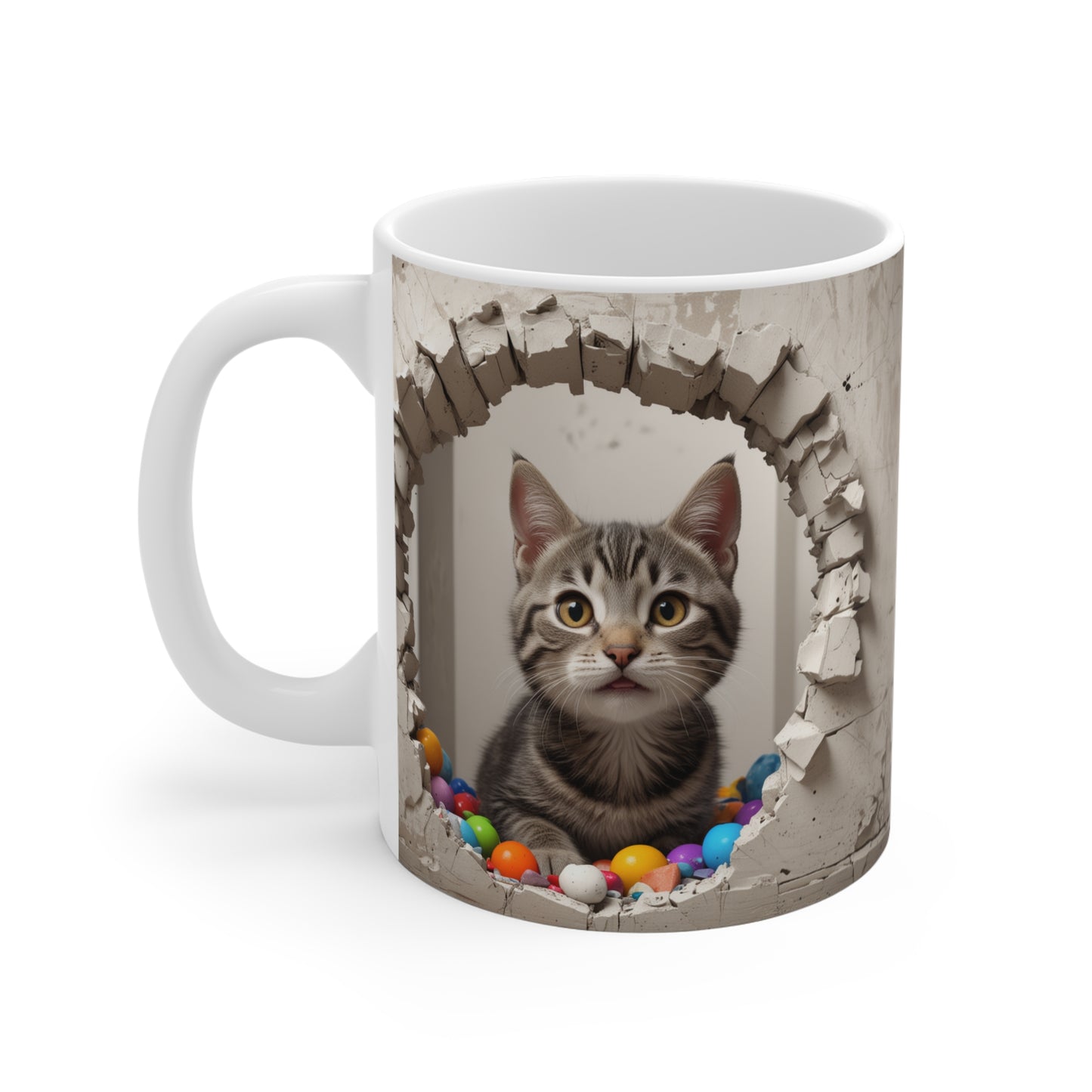 3D Cute Gray Tabby Kitty Through Hole in Wall Coffee Mug Gift for Cat Lover