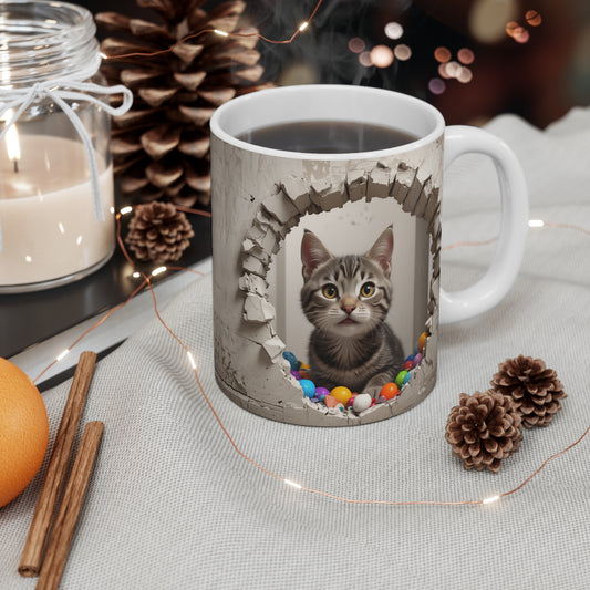 3D Cute Gray Tabby Kitty Through Hole in Wall Coffee Mug Gift for Cat Lover