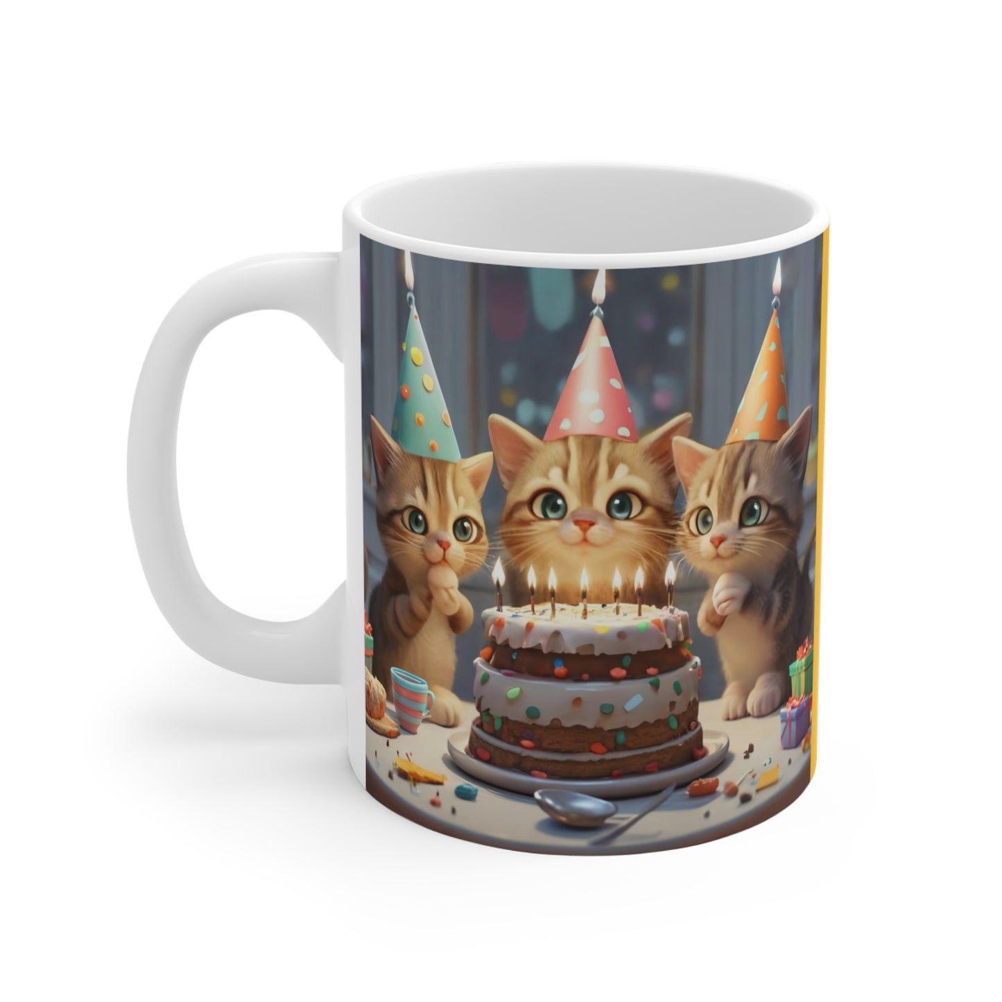 3-D Coffee Mug Cute Kitties Making Wish Candles Birthday Cake Gift for Cat Lover