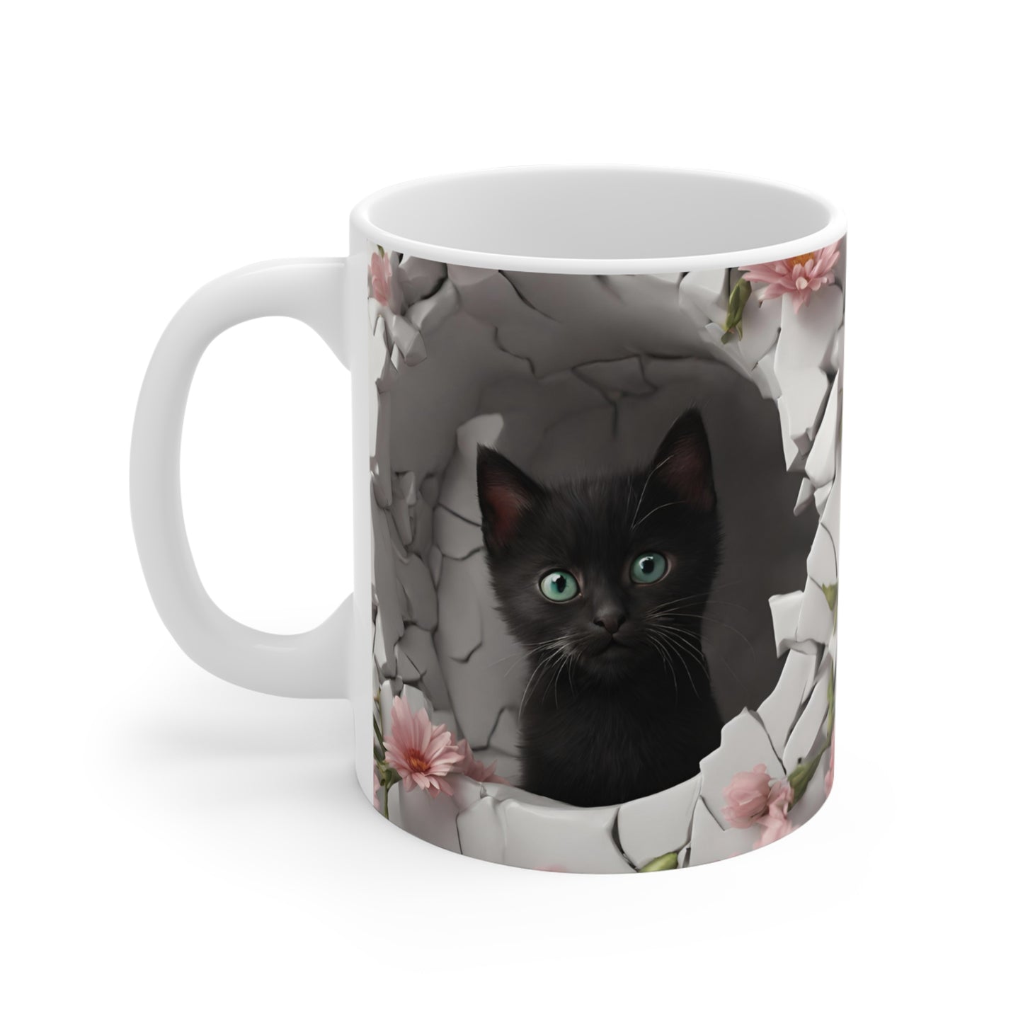 3D Black Kitty Kitten Peeking Through Hole in Wall Coffee Mug Gift for Cat Lover