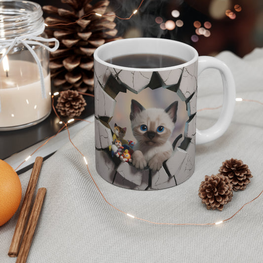 3D Siamese Kitty Coffee Mug Peeking Through Hole in Wall Gift for Cat Lover