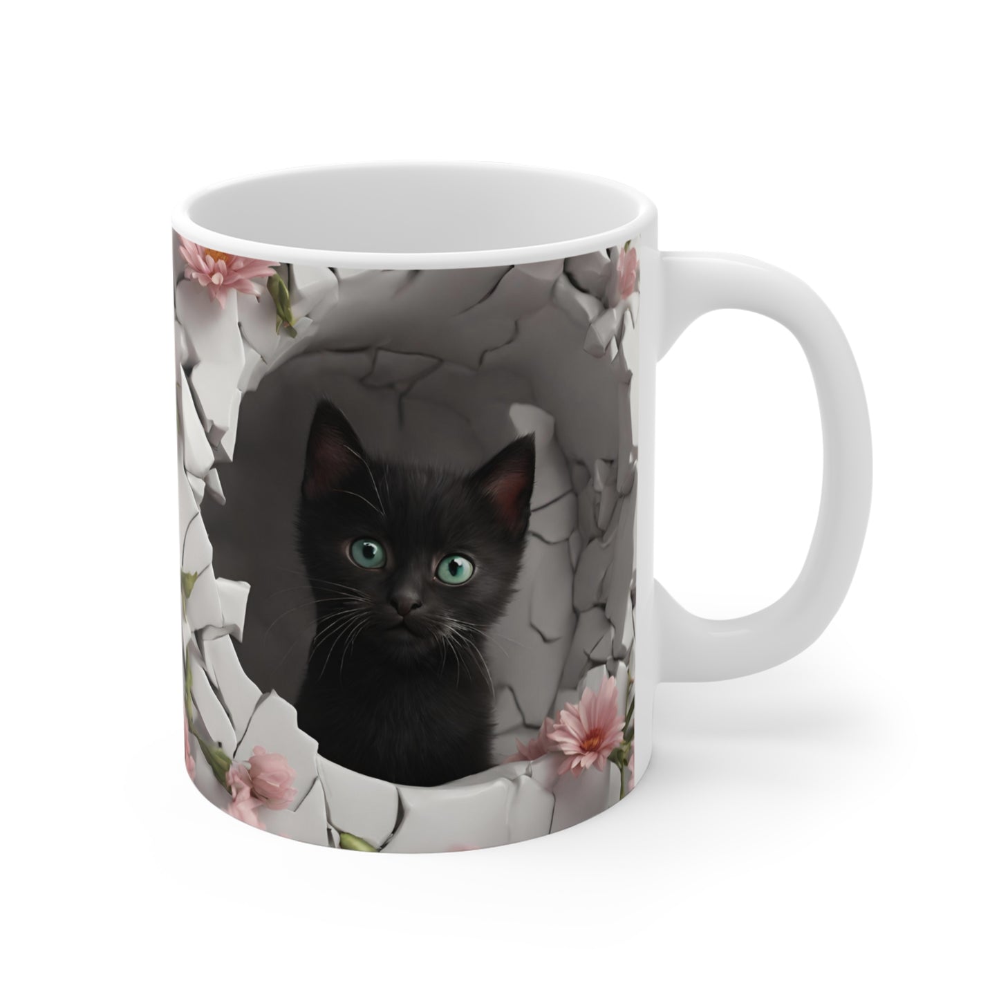 3D Black Kitty Kitten Peeking Through Hole in Wall Coffee Mug Gift for Cat Lover