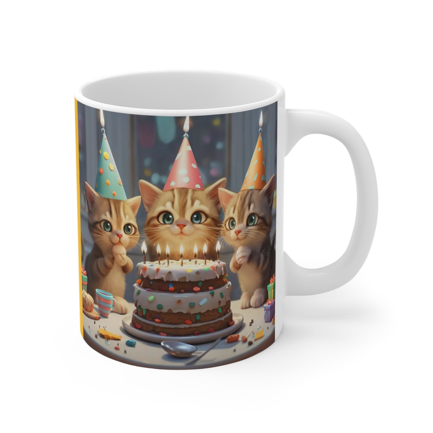 3-D Coffee Mug Cute Kitties Making Wish Candles Birthday Cake Gift for Cat Lover