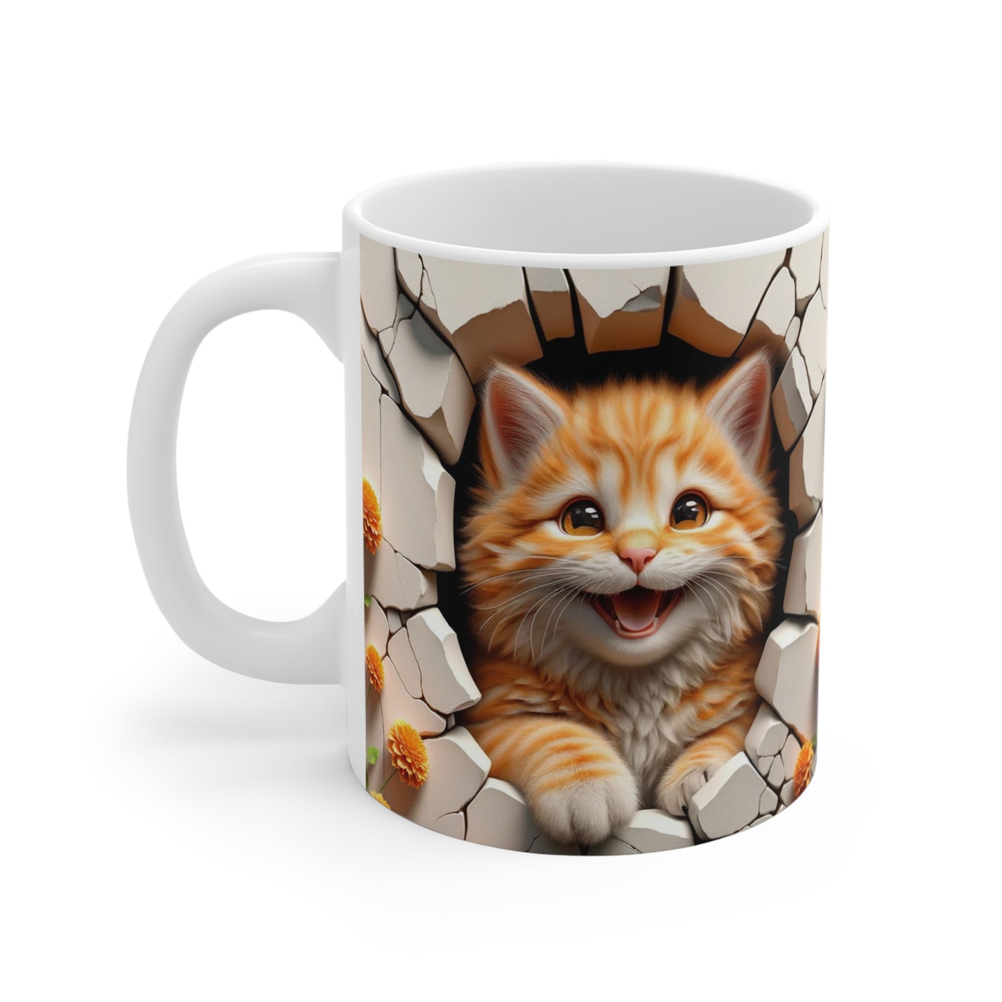 3D Orange Tabby Kitty Smiling Through Hole in Wall Coffee Mug Gift for Cat Lover