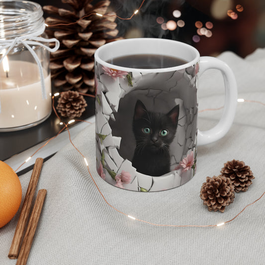 3D Black Kitty Kitten Peeking Through Hole in Wall Coffee Mug Gift for Cat Lover