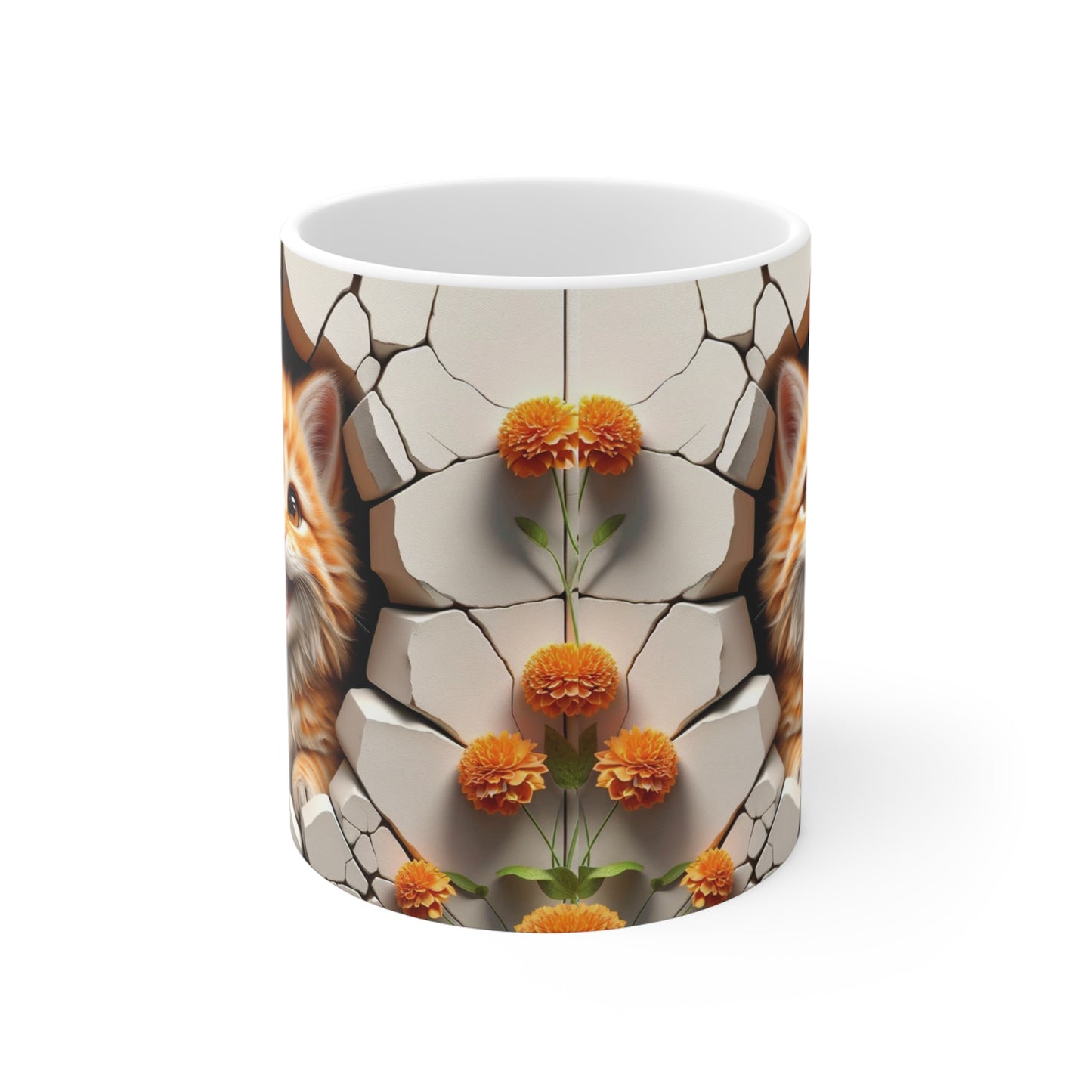 3D Orange Tabby Kitty Smiling Through Hole in Wall Coffee Mug Gift for Cat Lover