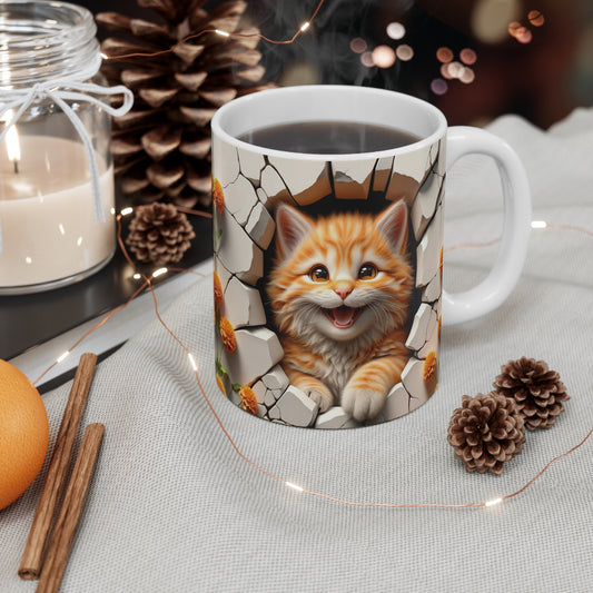 3D Orange Tabby Kitty Smiling Through Hole in Wall Coffee Mug Gift for Cat Lover