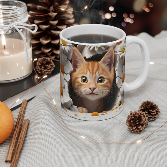 3D Orange Tabby Kitty Peeking Through Hole in Wall Coffee Mug Gift for Cat Lover