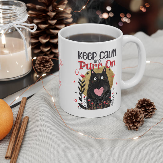 Whimsical Cute Kitty Coffee Mug "Keep Calm and Purr On" Gift for Cat Lover, Ceramic, 11 Oz